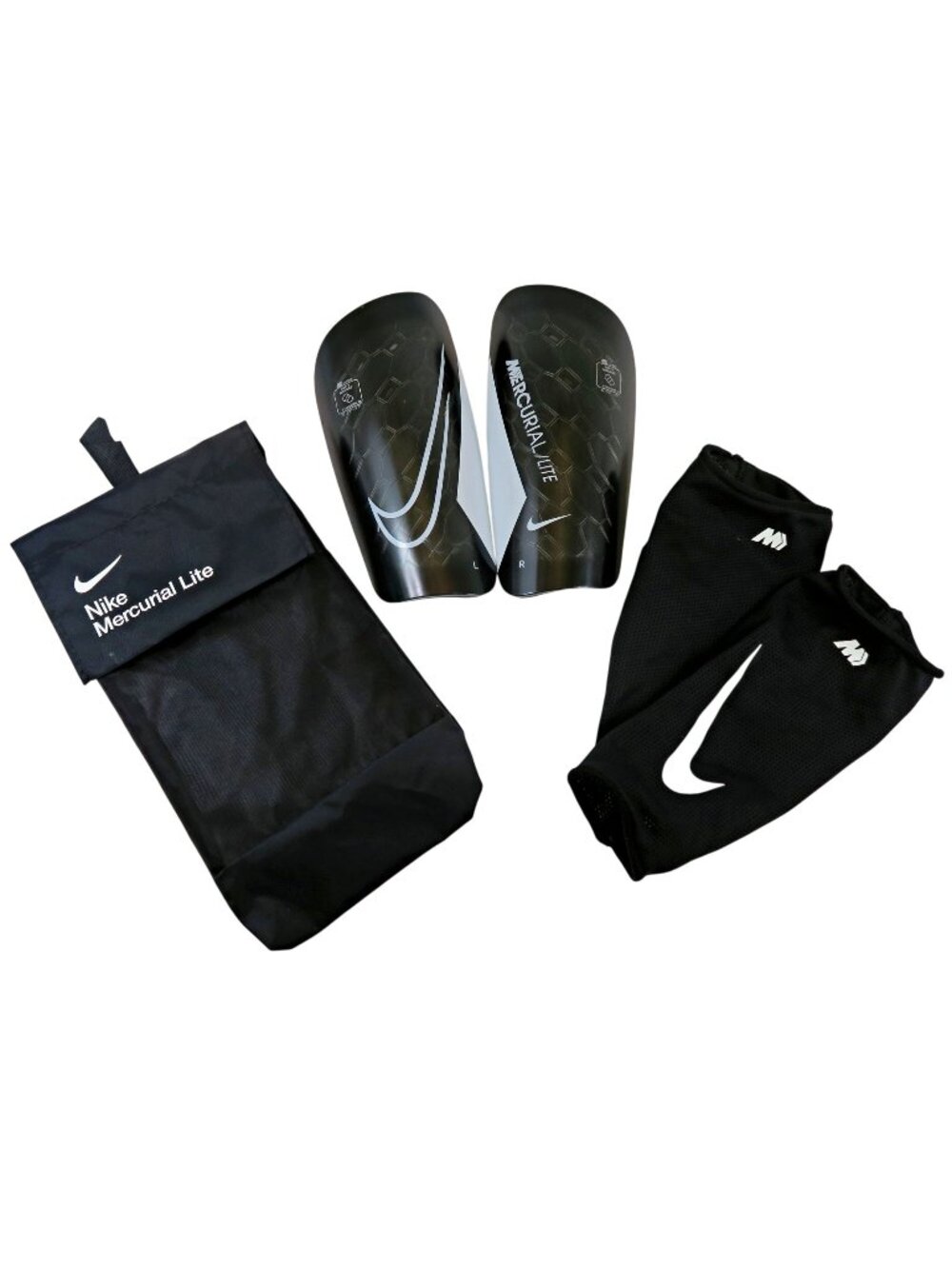 Nike Mercurial Lite Shin Guards DV1771 with Sleeves & Bag, Size Medium – Black